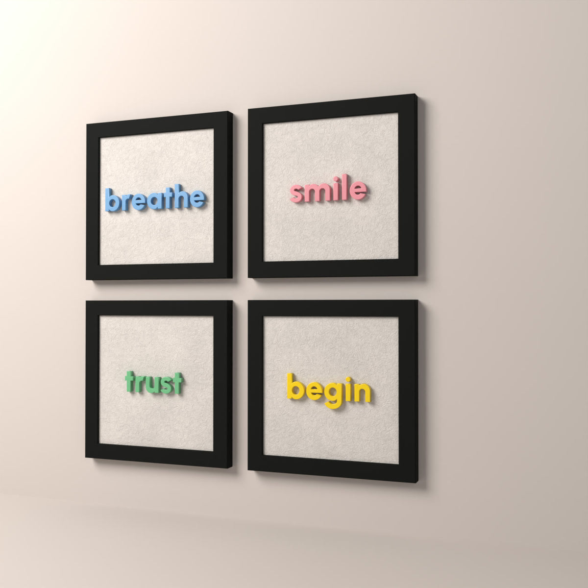 Breathe 4’lü tablo seti duvarda, açılı görünüm