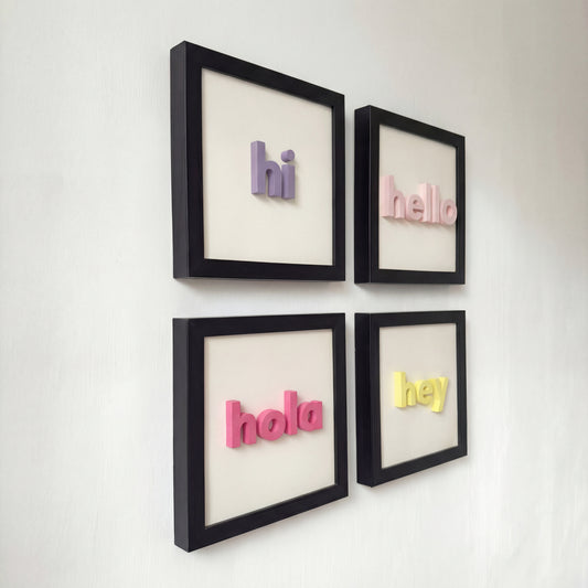 hi - hello - hola - hey | 4’lü Modern Duvar Tablosu Seti (20x20 cm)