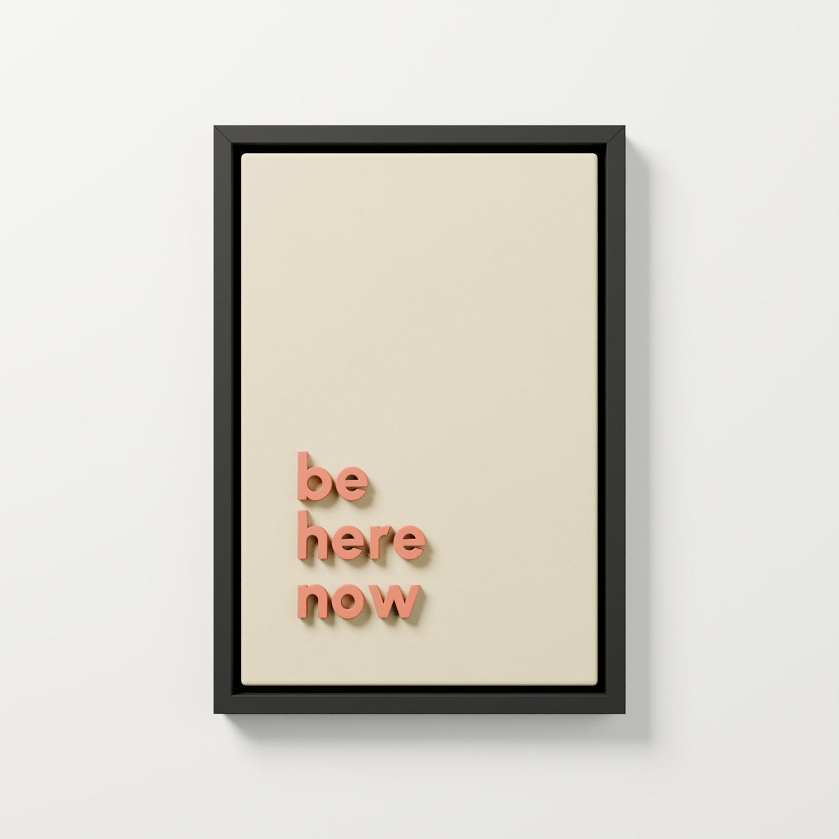 "be here now" 3 boyutlu tablo, açık krem gabardin kumaş, terakota harfler, siyah L çerçeve, 35x50 cm