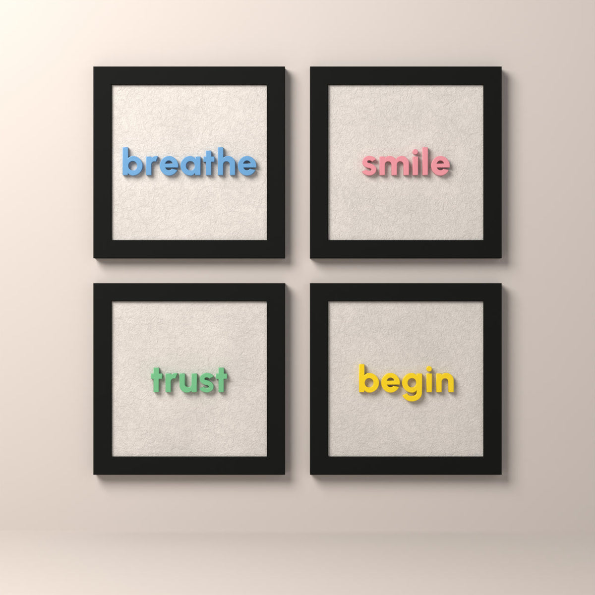 Breathe 4’lü tablo seti: breathe, smile, trust, begin — siyah çerçeve, Alcantara kumaş