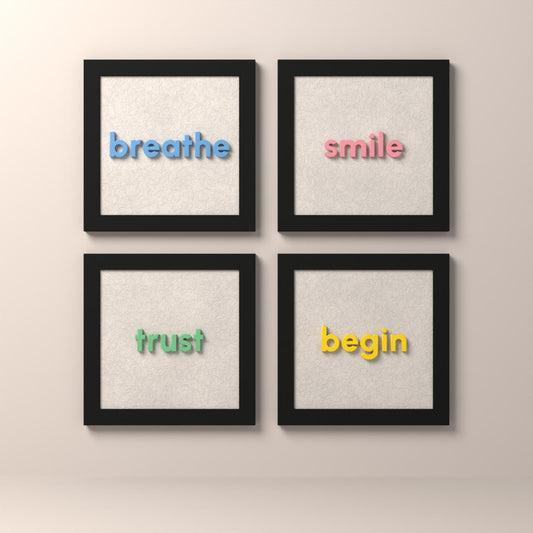 Breathe 4’lü tablo seti: breathe, smile, trust, begin — siyah çerçeve, Alcantara kumaş