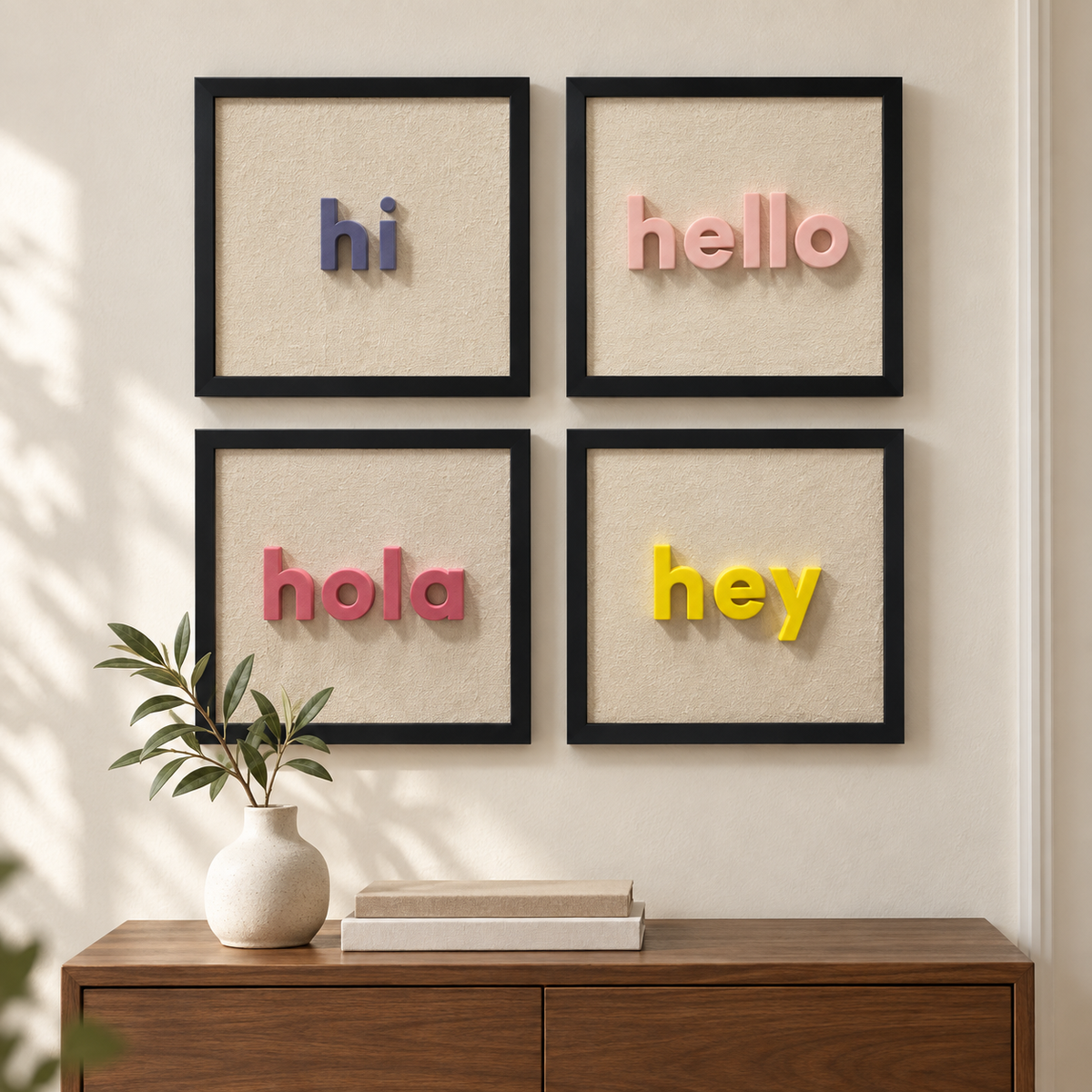 Hi Hello Hola Hey 4’lü tablo seti 30×30 cm — yaşam alanı