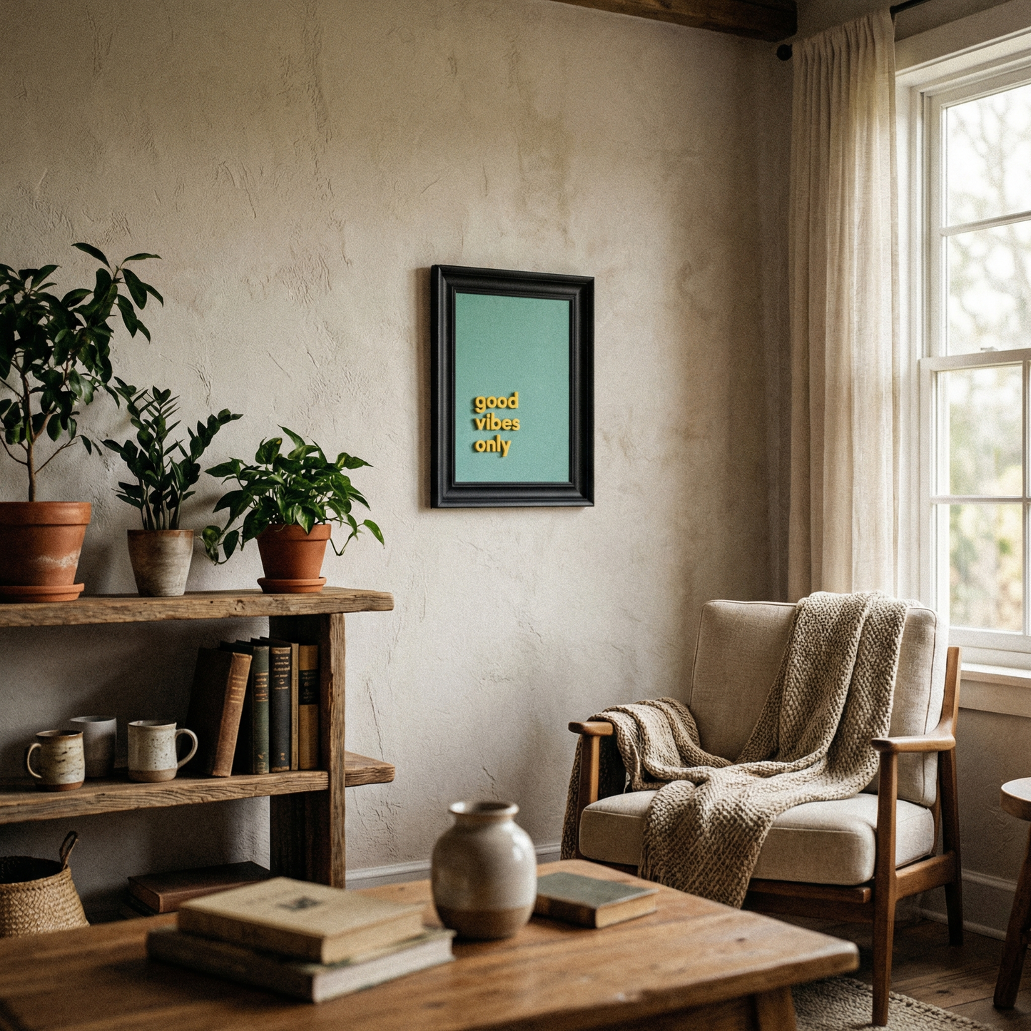 "Good Vibes Only" Modern Kabartma Yazılı Çerçeveli Tablo