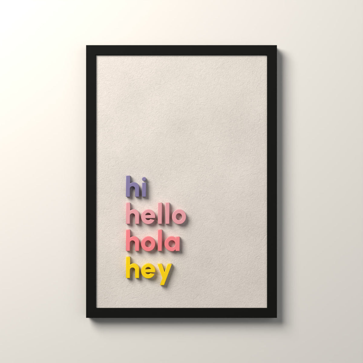 Hi Hello Hola Hey 3D duvar tablosu 35x50 cm, Alcantara kumaş zemin, siyah çerçeve