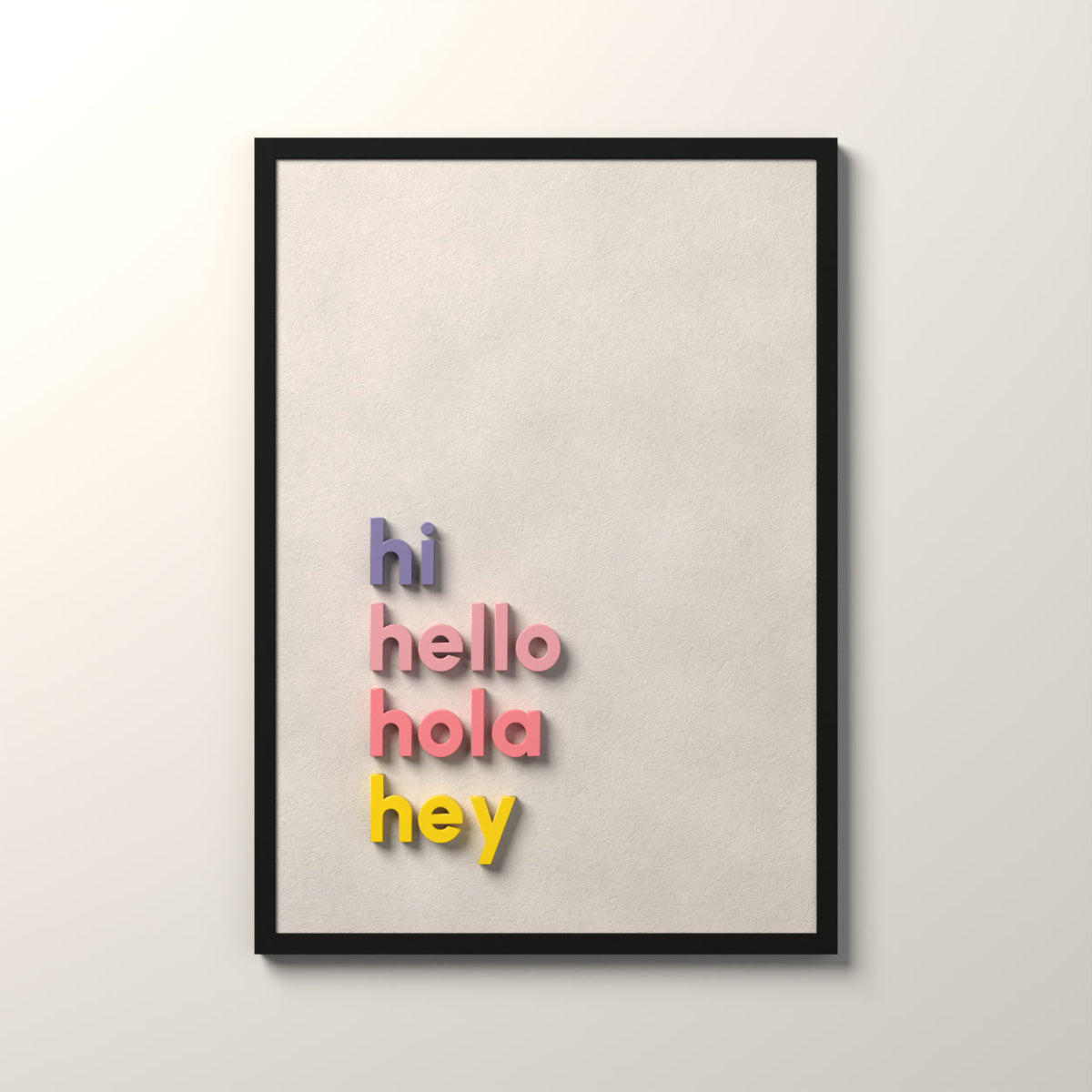 Hi Hello Hola Hey 3D duvar tablosu 50x70 cm, Alcantara kumaş zemin, siyah çerçeve