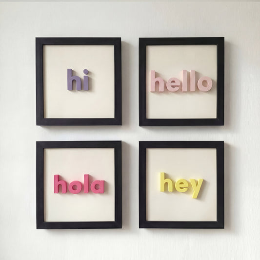 hi - hello - hola - hey | 4’lü Modern Duvar Tablosu Seti (20x20 cm)