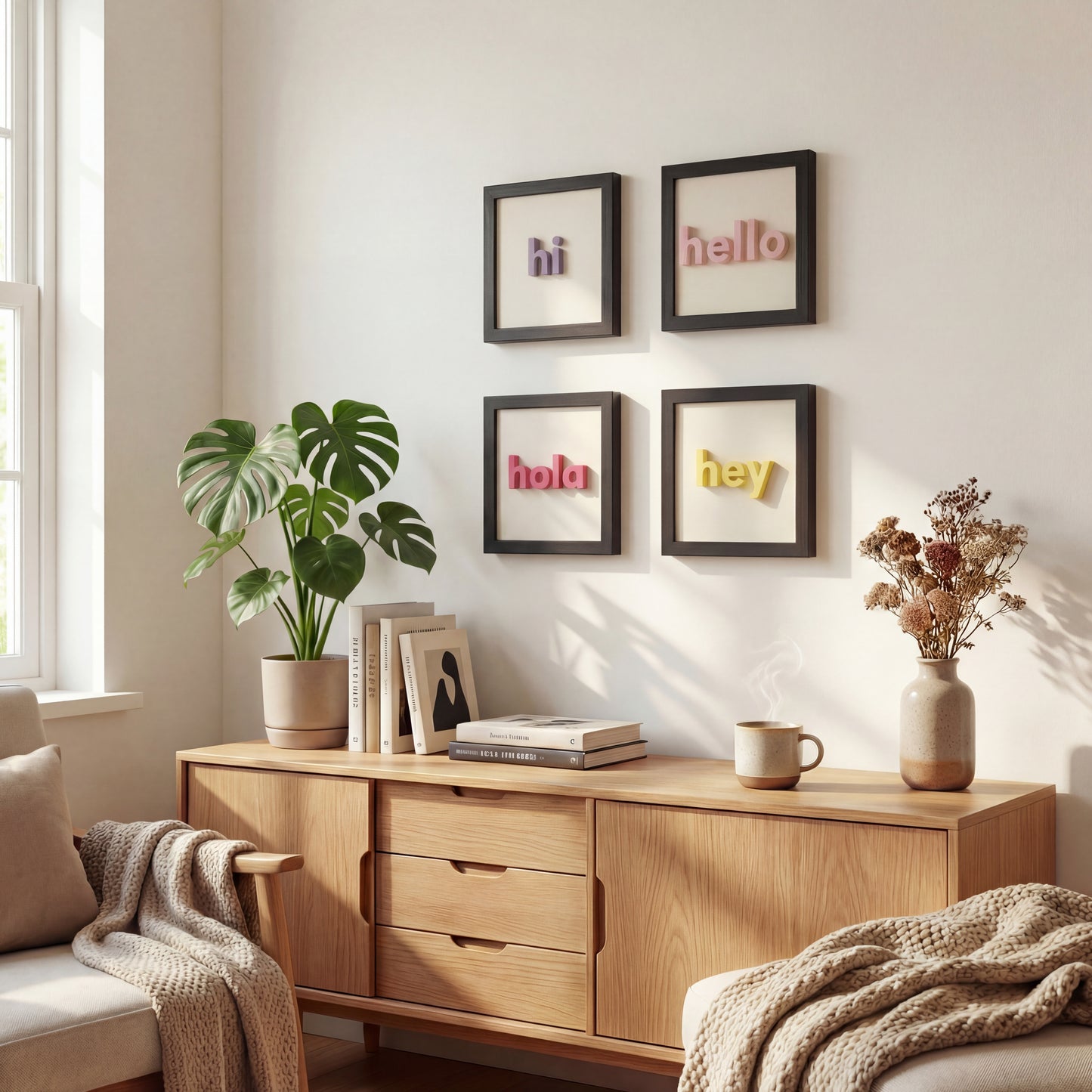 hi - hello - hola - hey | 4’lü Modern Duvar Tablosu Seti (20x20 cm)