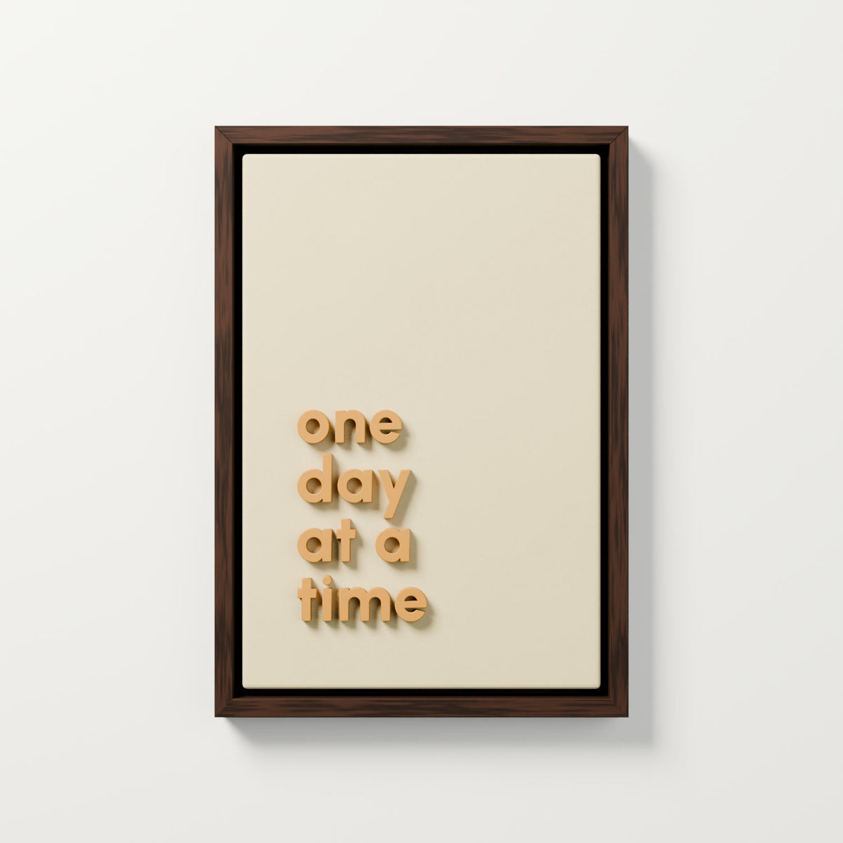 "one day at a time" 3 boyutlu tablo, açık krem gabardin kumaş, okra harfler, ceviz L çerçeve, 35x50 cm