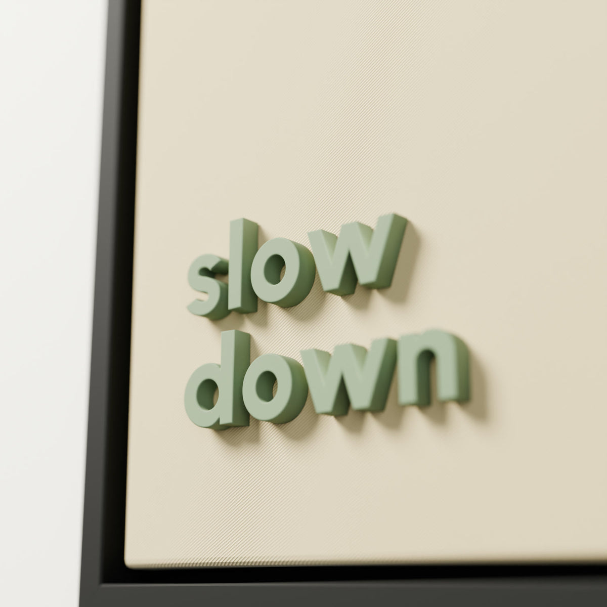 "slow down" 3 boyutlu tablo, adaçayı yeşili 3D harflerin yakın çekimi