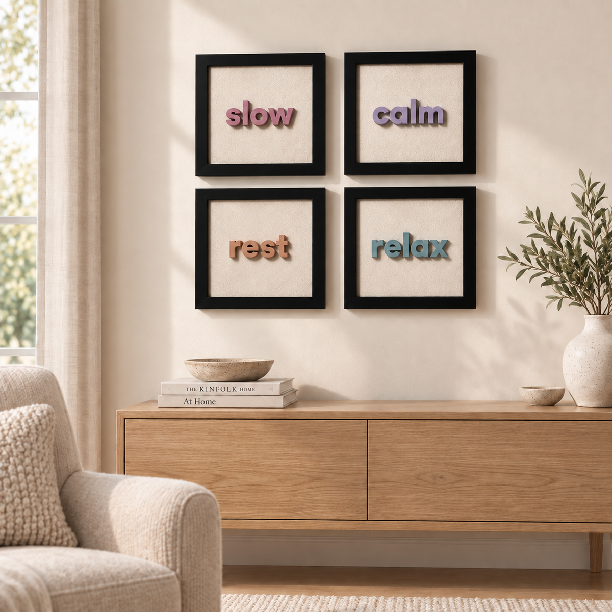 Slow Living dört parçalı tablo setinin salon dekorasyonunda görünümü